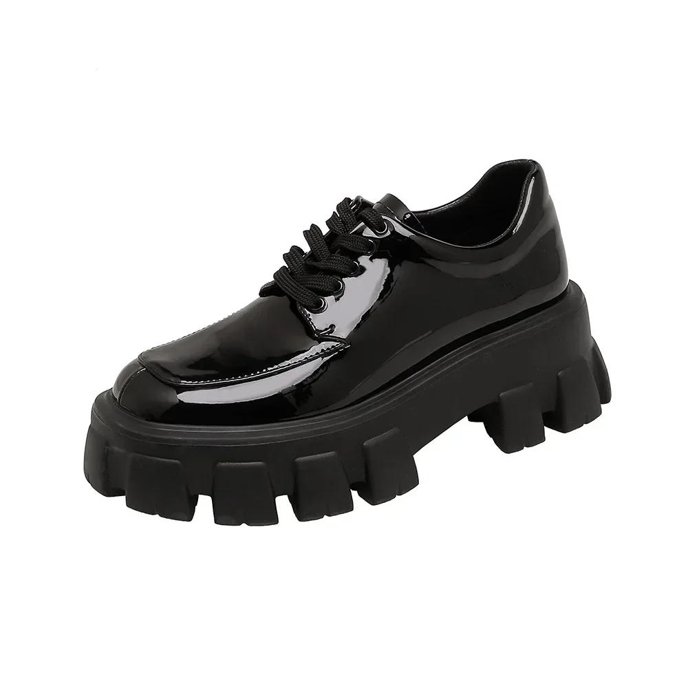 British Style Small Leather Shoes  Spring and Autumn Loafer Shoes Heightened Thick Bottom Platform Lace-up Shoes