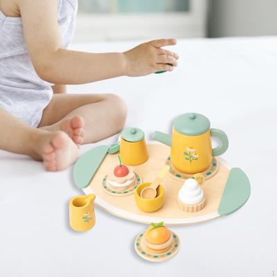 Wooden Tea Set Toys Cake Princess Playset Pretend Play Dollhouse Decor Miniature for