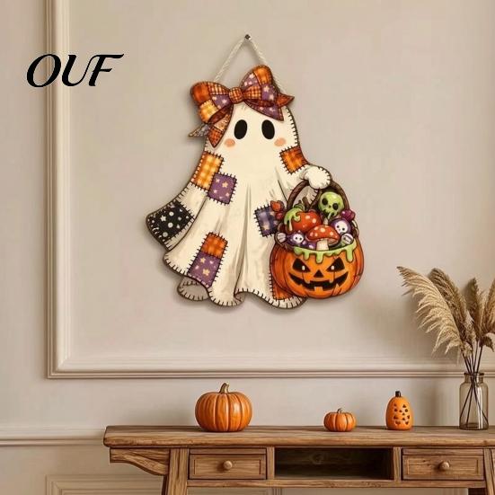 Party Background Decor Halloween Cute Bow Ghost Door Sign, Wooden Patchwork Hanging Plaque with Pumpkin Candy Basket, Wood Craft Decoration Retro Wall