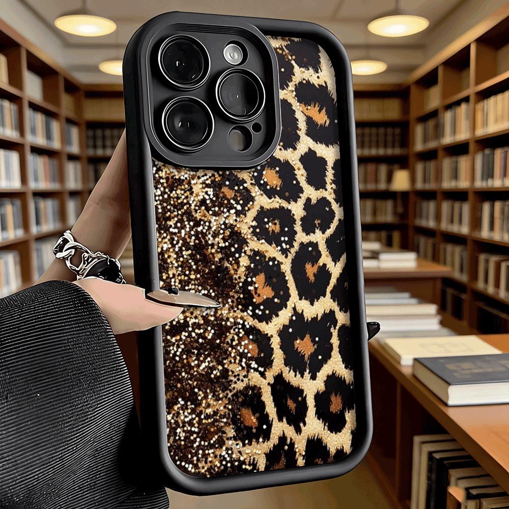 Gold Glitter Leopard Print Phone Case for iPhone 17 16 15 14 13 12 11 Pro Max Plus Anti Scratch, Gel Flexible Protective