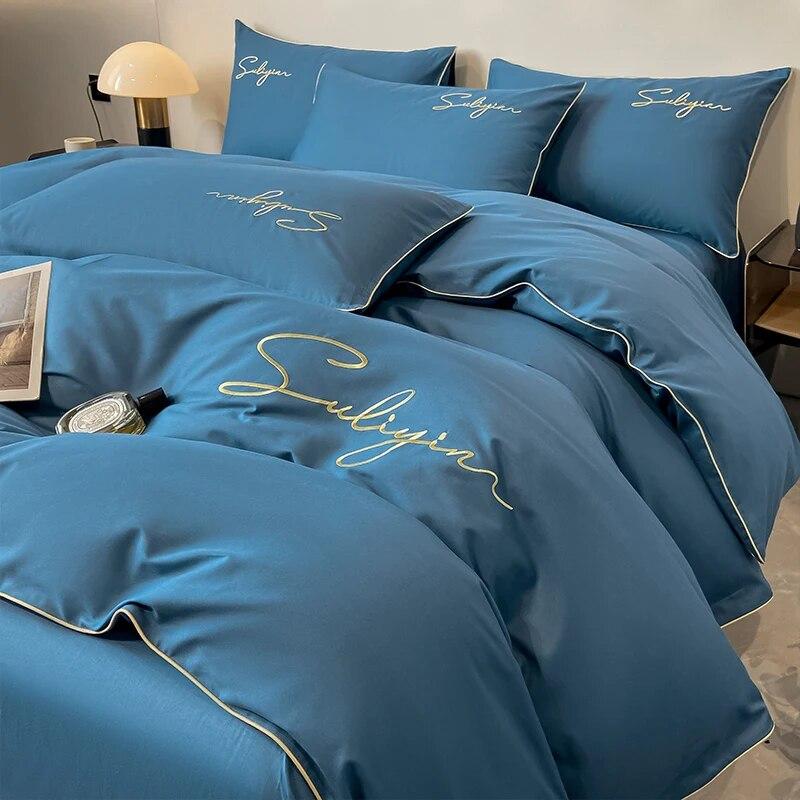 Luxury Embroidery Bedding Set Egyptian Cotton 400TC Duvet Cover Flat Fittedsheet Single Double Queen King Quilt Cover Pillowcase