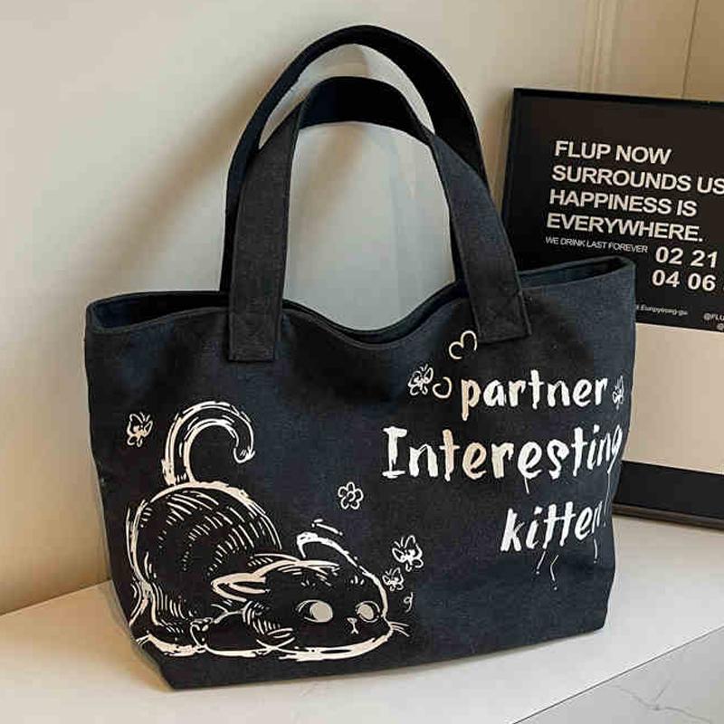 

Leisure Large Capacity Canvas Tote Bag for Women 2026 New Carto Printed Travel One Shoulder Bags Daily Shopping Handbags (30cm<Max Length<50cm) чёрный