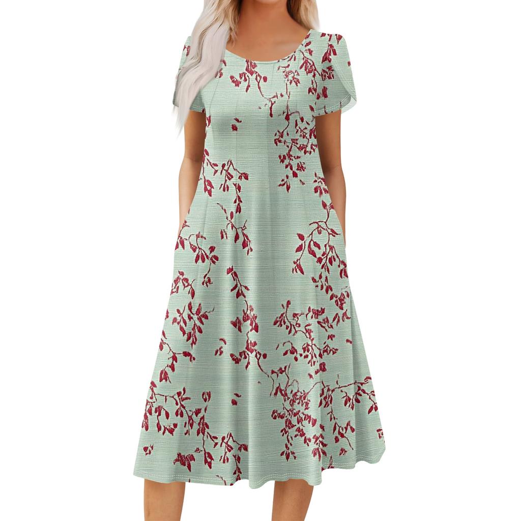 Women's Casual Fashion Round Neck Printed Short Sleeve Pocket Dress