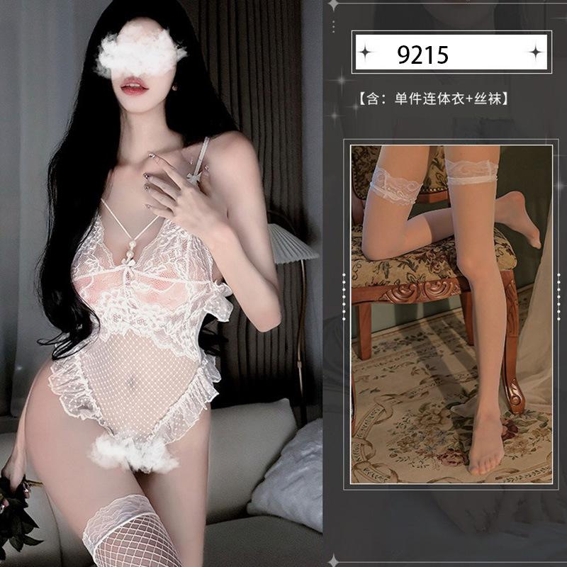 Sex underwear sexy perspective one-piece, free-to-take open couple deep V suspender sex suit hot