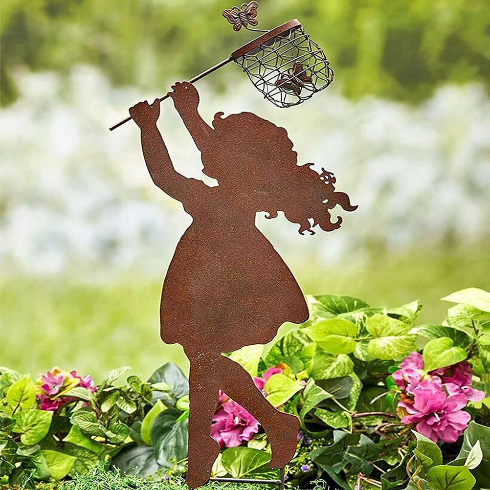 Children Silhouettes Chasing Metal Vintage Garden Silhouette Sculpture Yard Garden Metal Stake Decor