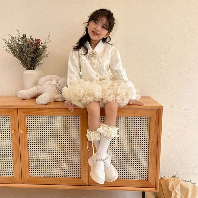Breathable Cotton Hosiery Socks for Girls Toddler Stretchy Knee High Socks Puff Edge Lace Bows Socks for Autumn Spring