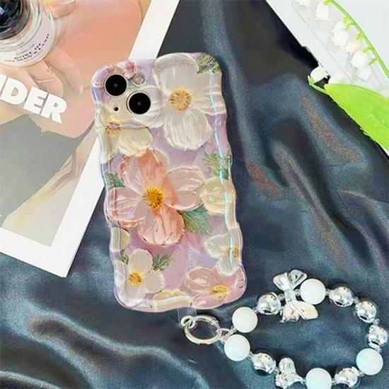 Artistic Oil Painting Flower Phone Case for iPhone 17 Pro Max/14, with 16E Bracelet and Blue Light Filter.