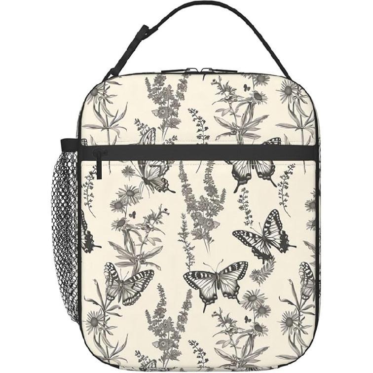 Reusable Butterfly Lunch Box for Kids Girls Boys Women Adult, Insulated Botanical Lunch Bag,Polyester Cooler Retro Handbags Case for School Picnic