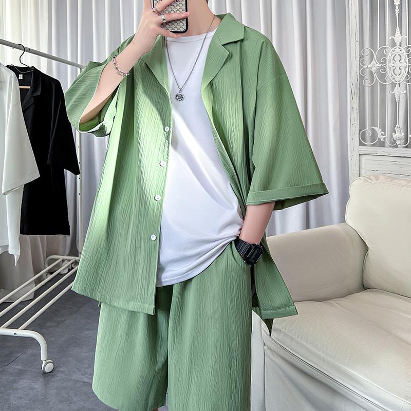 

Men s Set Shirt+Shorts Solid Short Sleeve Top Matching Bottoms Summer Fashion Oversized Clothing Men XS зелёный