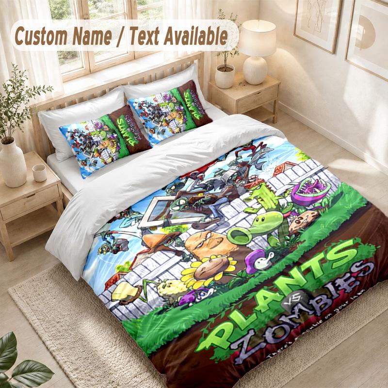 Plants Vs. Zombies Bedding Set, 1 Duvet Cover & 2 Pillowcases Soft Comfortable Bedroom Home Textile Decor