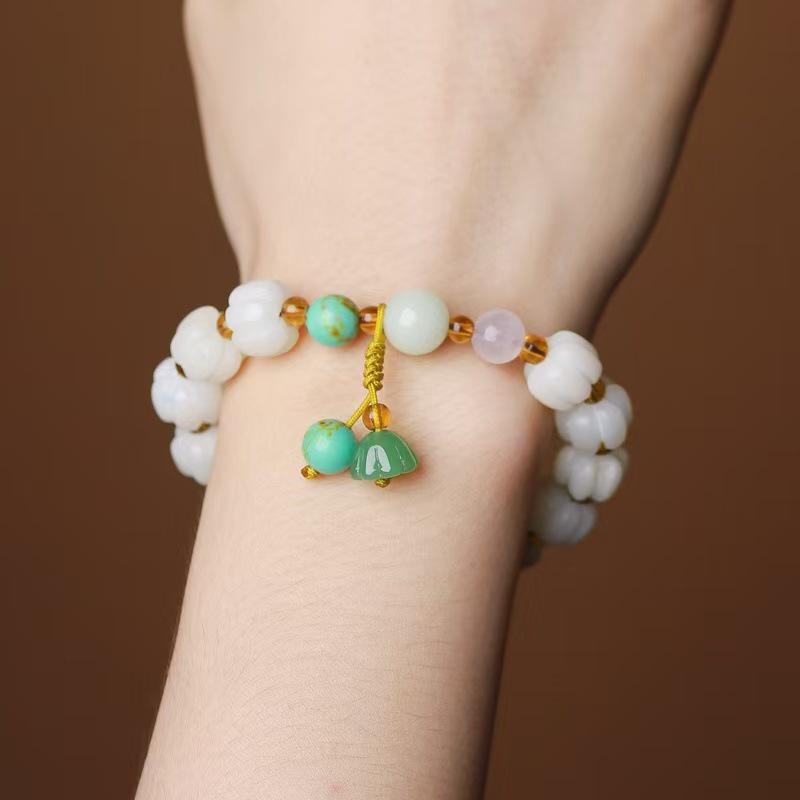 Natural White Jade Bodhi Root Hand-Carved Pumpkin Bead Bracelet and Ring Set