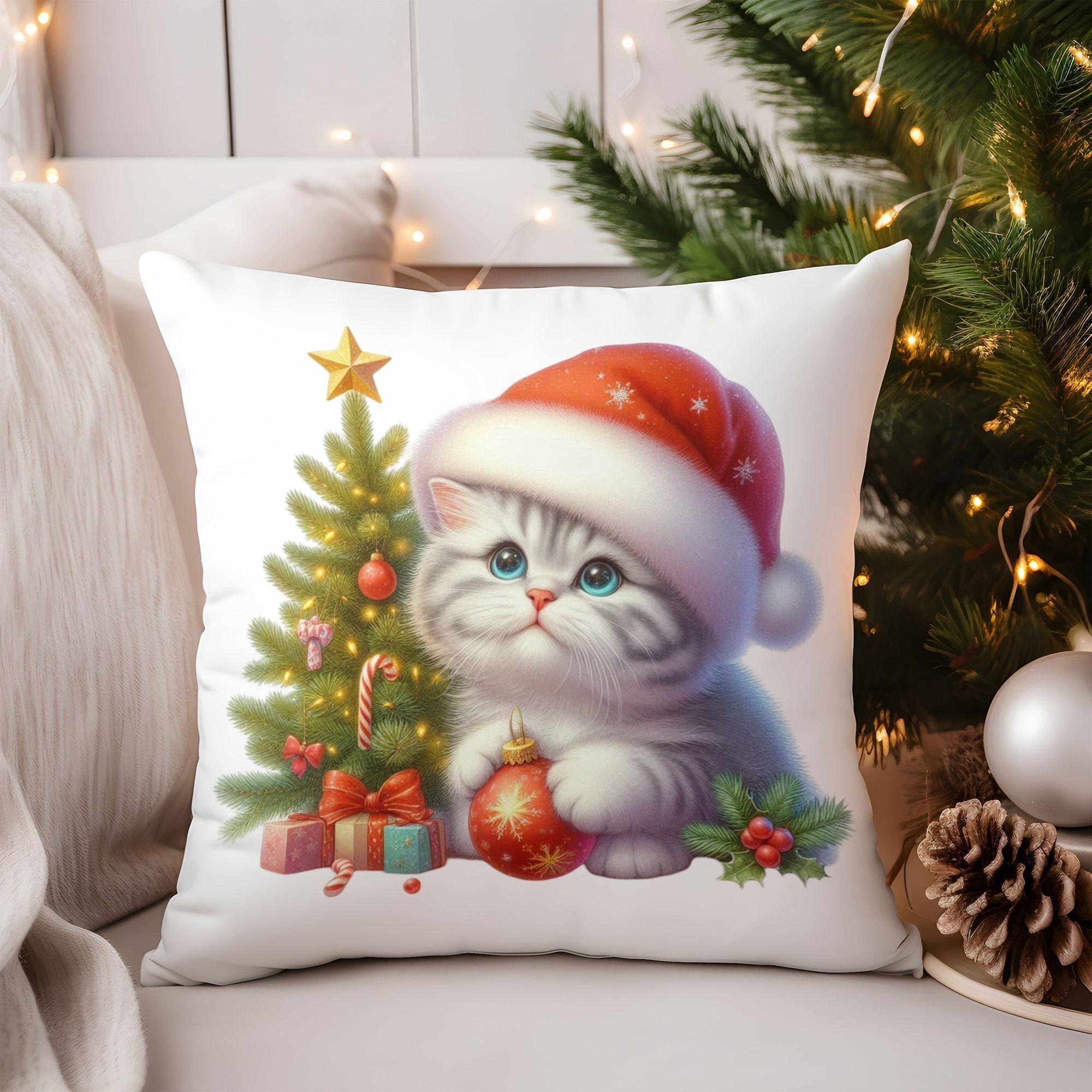 

Cat and Christmas Tree Pattern Square Polyester Pillowcase Sofa Living Room Cushion Cover Bedroom Bedside Pillow Cover 45x45cm