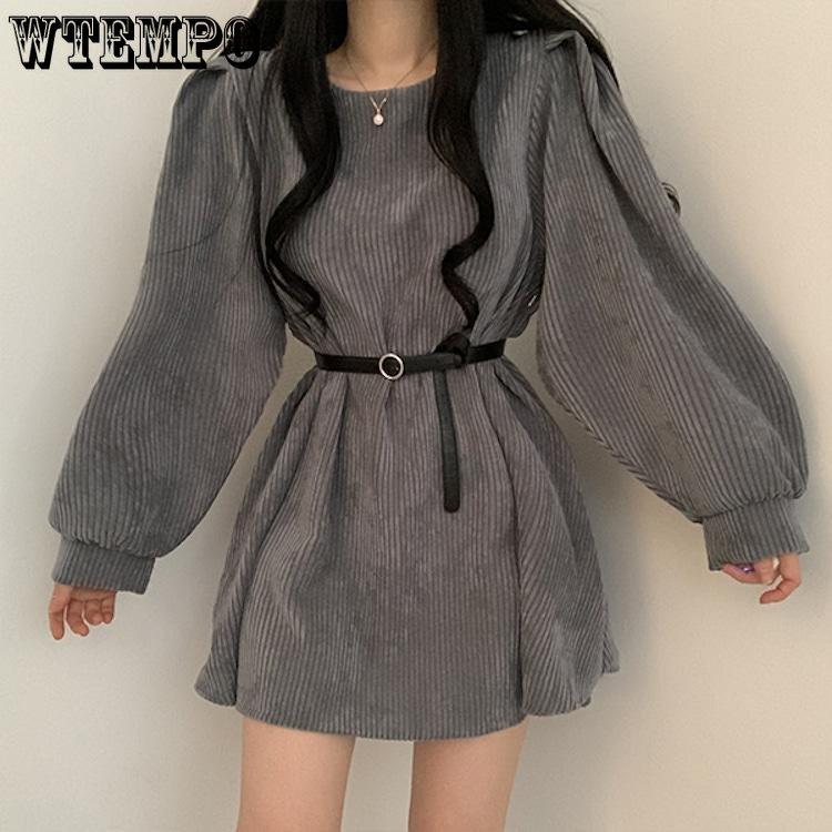 Women Temperament Pure Desire Wind Solid Color Lantern Sleeve A Line Dress Retro Design Sense Niche Long Sleeve Belt Corduroy Dresses