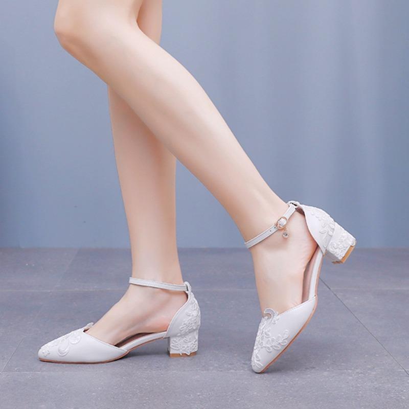High Heels Shoes Slip on Women Sandals Wedding Pumps PU 4CM Square Heel Pointed Hollow Shallow Mouth White Lace Mesh Women Shoes