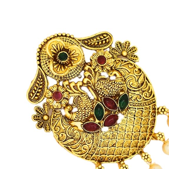 Traditional Temple Design Gold-Plated Hair Barrette Clip with Pearl Dangling Accents