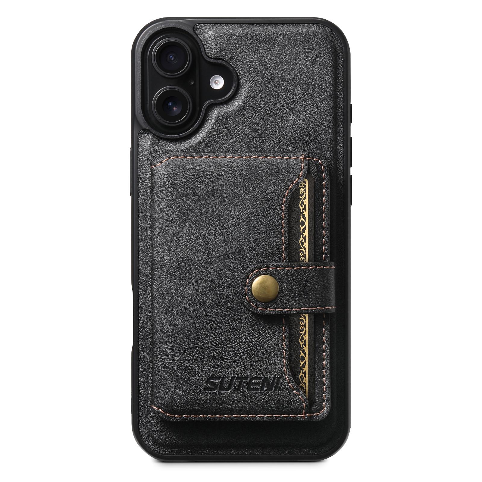 

SUTENI M4 For iPhone 16 Magnetic Case with Card Holder Cowhide Texture Leather Back Cover Black