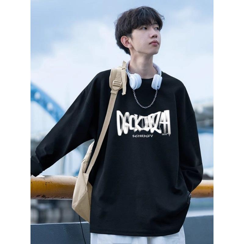 Winter and Autumn Trendy Pure Cotton Drawstring Printed Round Neck Men's Long-sleeved Bottoming Shirt