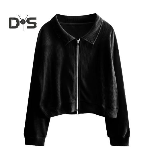 

Осенне-зимнее женское пальто с вафельной текстурой, двойной застежкой-молнией, длинными рукавами, отложным воротником, свободная спортивная куртка для школы, повседневная однотонная верхняя одежда M чёрный