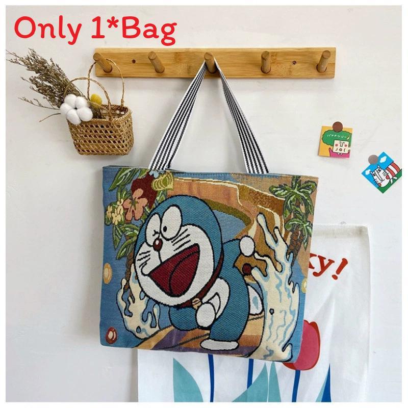 Elephant Hello Kitty Butterfly Embroidered Canvas Tote Bag With Seamed Stitching For Daily Use