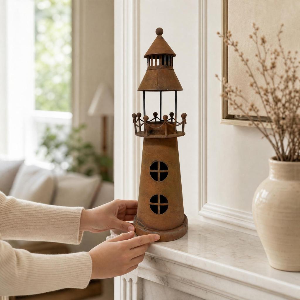 Metal Lighthouse Candle Holder with Rusted Finish Rustic for Mantel, Entryway