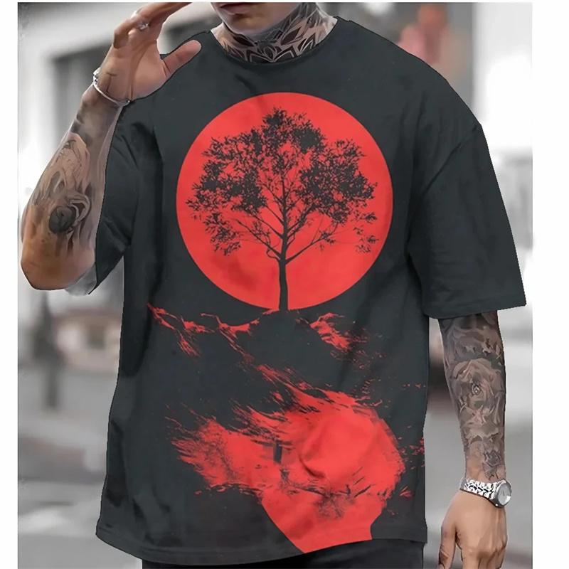 3D-gedrucktes japanisches Ukiyo-e T-Shirt für Herren, Landschafts- und Tiermuster, Sommer-Streetwear, Harajuku, O-Ausschnitt, Kurzarm-Tees