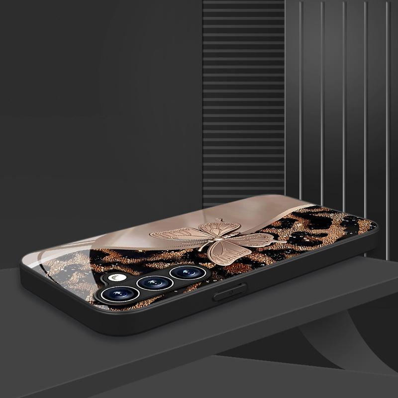 Tiger spotted butterfly pattern glass phone case suitable for Samsung Galaxy S26 S25 S24 S23 S22 S21 S20 FE/Ultra/Plus anti drop