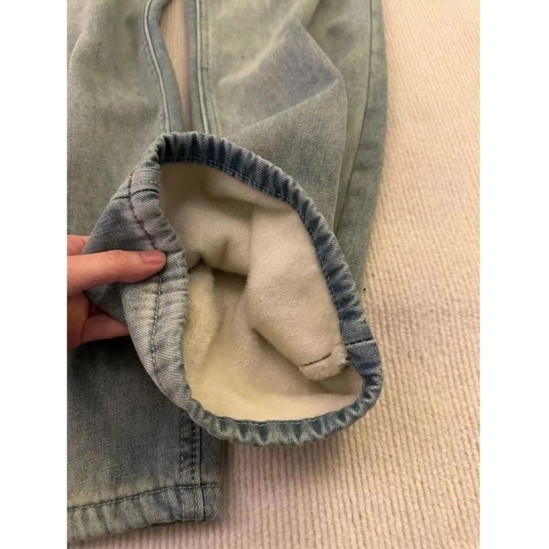 Women's Autumn Winter Vintage Fleece-Lined Straight-Leg Jeans Simple Wide-Leg Long Pants