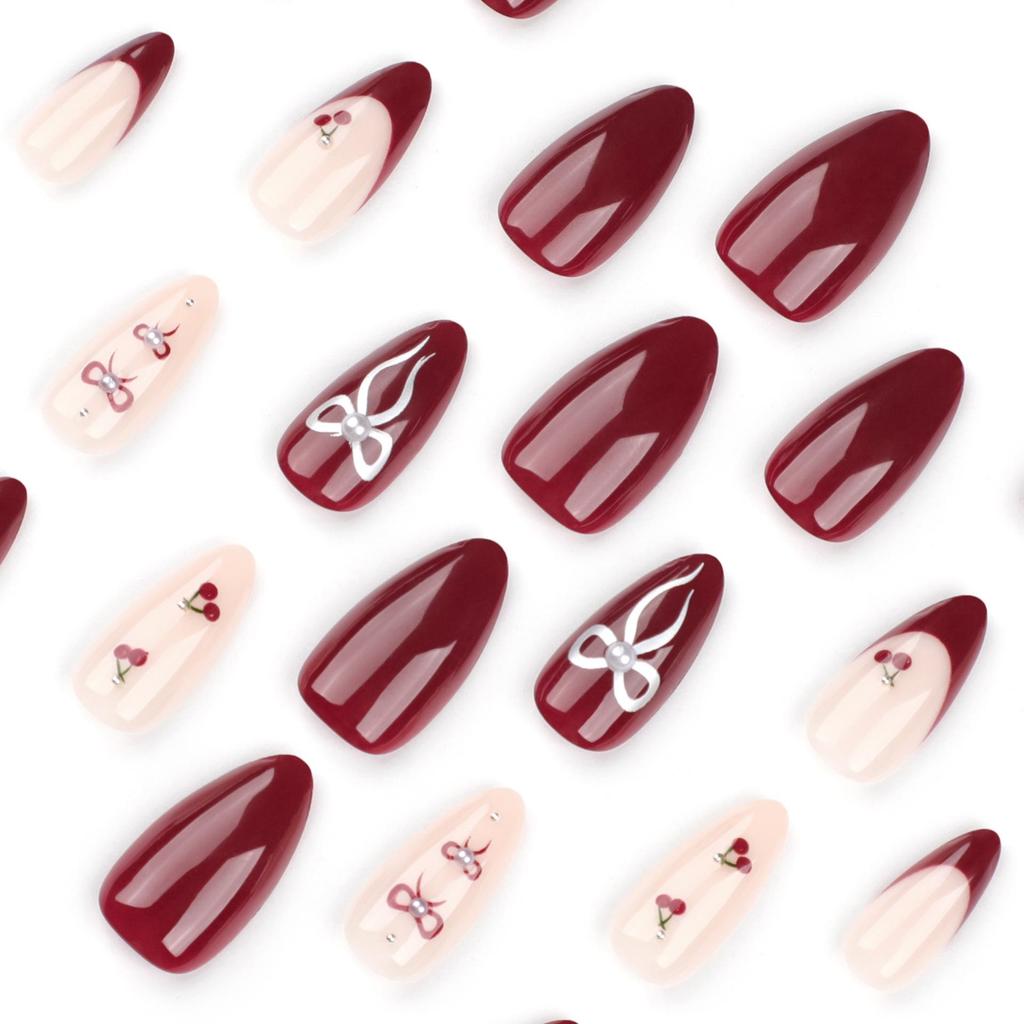 Burgundy French Bow Press-on Cherry Nail Art Tips - Hot Selling Solid Color Nails