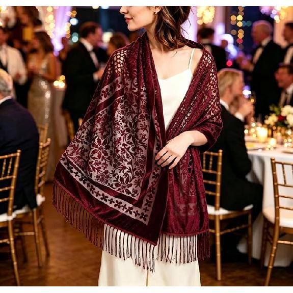 190*70cm Women's Velvet Vintage Floral Rose Shawl Wrap,Sheer Mesh Lace Scarf with Tassels, Evening Shawl for Party
