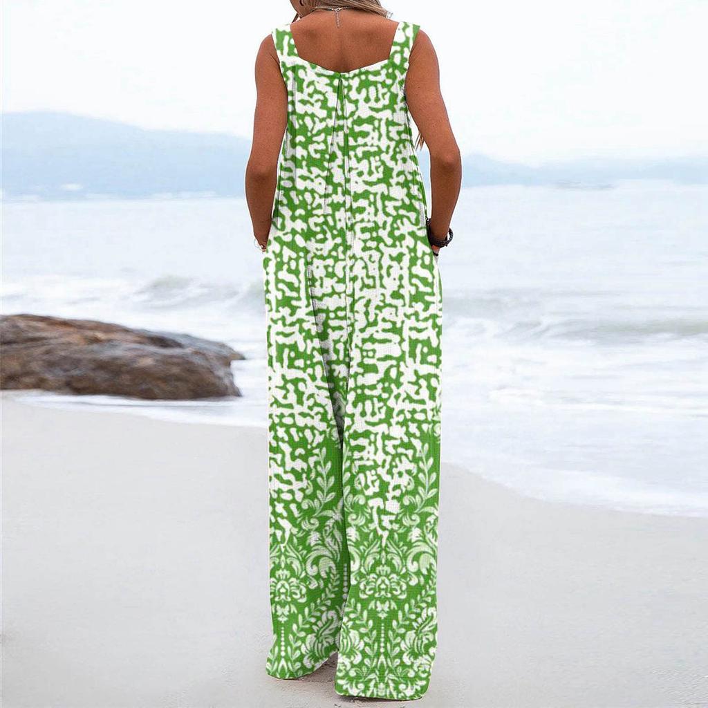 Women's Fashion Casual Loose With Pockets Sleeveless Printed Jumpsuit