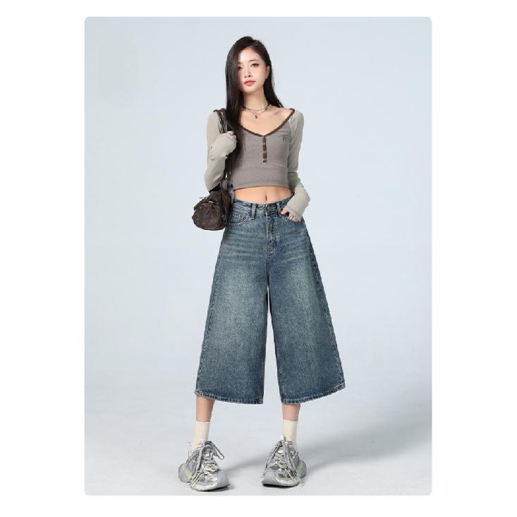 American High Street Seven-Foot Women'S Jeans Spring Autumn Loose Wide Leg Drapey Straight Cut Trousers Fashion Design