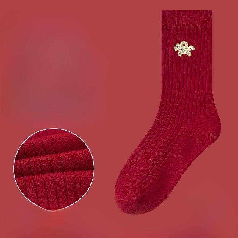Red Sock Children's Pure Cotton Mid-calf Socks, Retro Style, Dark Red Embroidery, Suitable for Weddings and New Year Celebrations.