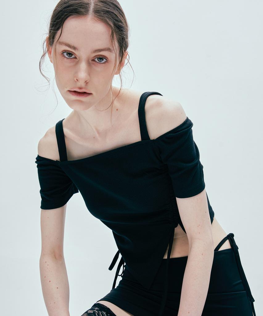 SSY 2-Way Side Shirred Square Neck T-Shirt Black