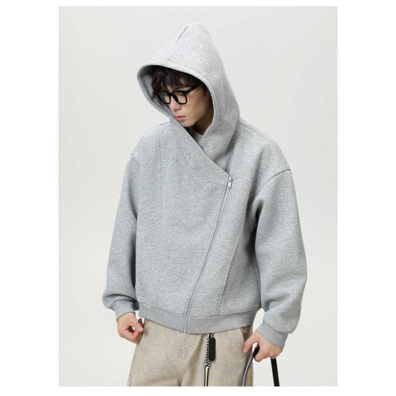 Herren S Locker Kurz Weite Silhouette Kapuzenpullover Freizeit Diagonal Reißverschluss Oberbekleidung