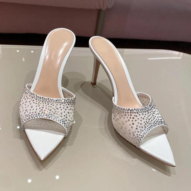 Franske Kvinners Sommer Utendørs Bruk Slides 2025 Nye Høyhælte Stiletter Spisse Tær Åpen Tå Tøfler