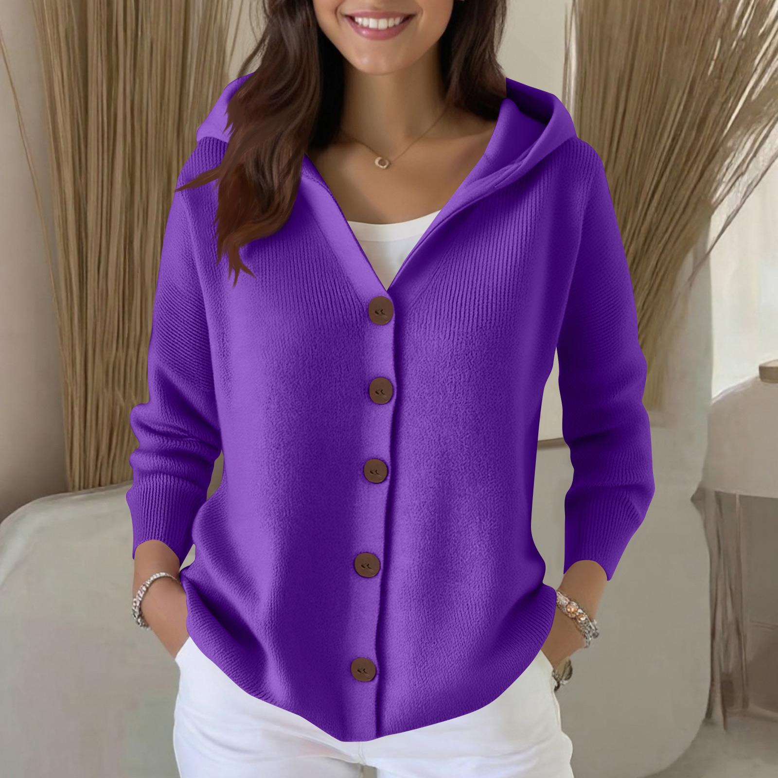 

Женский повседневный вязаный свитер со стойкой, однотонный, на пуговицах, повседневный, свободного кроя L фиолетовый