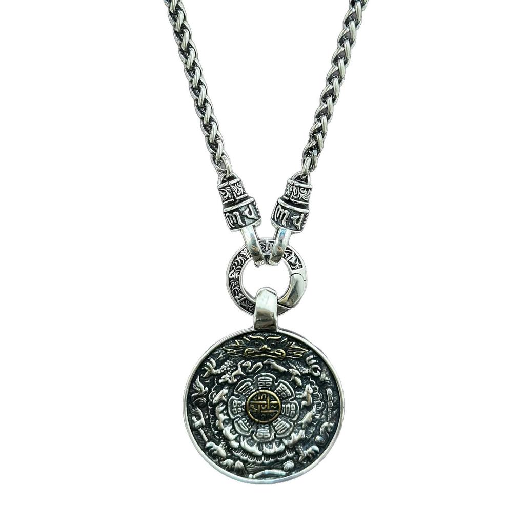 S925 Sterling Silver Double-Sided Yellow Wealth God Pendant - Ethnic Style Trigrams Amulet for Men