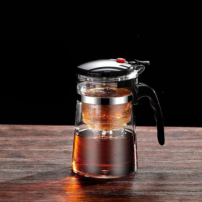 Glass Coffee Pot Teapot with Removable Infuser,Clear Tea Kettle with One Button Press Filter Loose Leaf Brewing Coffee Maker