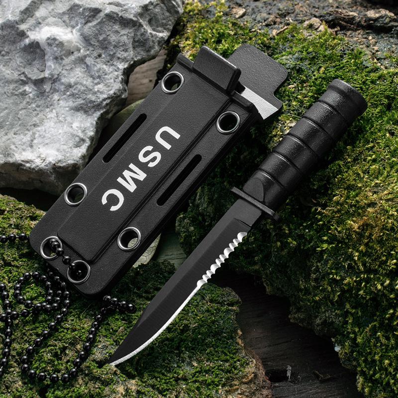 Survival Straight Knife Sawtooth Blade  Portable Mini Necklace Tactical Knife for  Hunting Camping with Scabbard