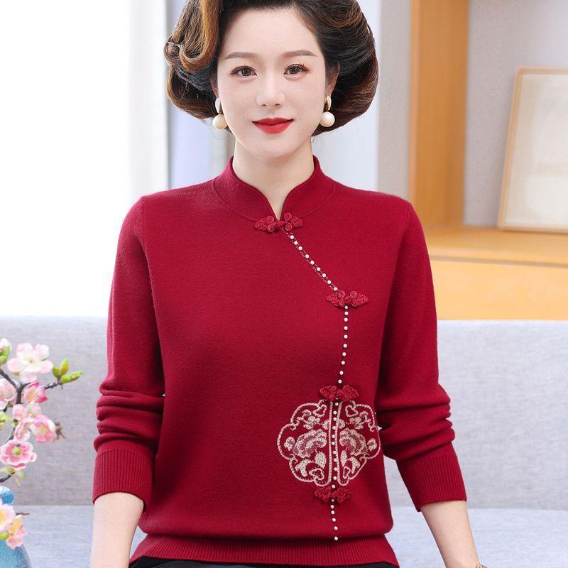 

Вязаный свитер в китайском стиле для женщин, элегантная мода для мам, теплая осенняя кофта 4XL красный