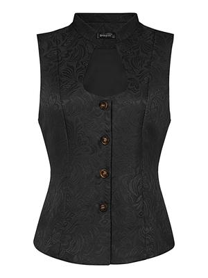 Allegra K Gotische Steampunk Weste mit U-Ausschnitt, Einreihig, Blumendruck, Damen, Schwarz, Größe L