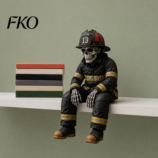 Firefighter Ornament Skeleton Shelf Sitter Statue, Vintage Resin Figurine with Realistic Gear & Distressed Dark Industrial Aesthetic Finish,