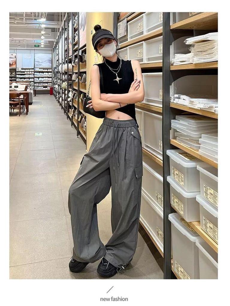 Women's White Ice Silk High-Waist Wide-Leg Cargo Pants - Summer 2025, Slimming, Quick-Dry Style