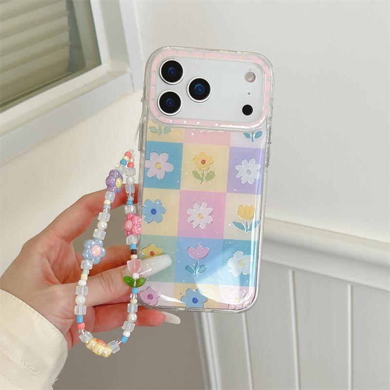 Spring Floral Grid Chain Phone Case for iPhone 17/16 Pro Max/15 Pro