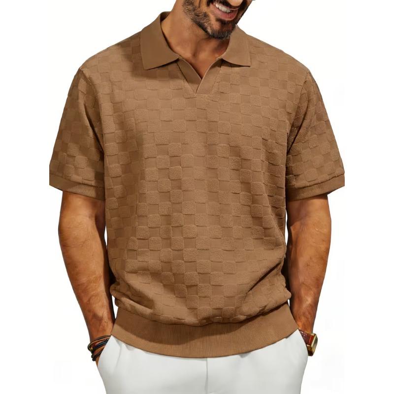 Mens Short Sleeve Checkered Jacquard Polo Shirt Loose Fit European Size S хаки