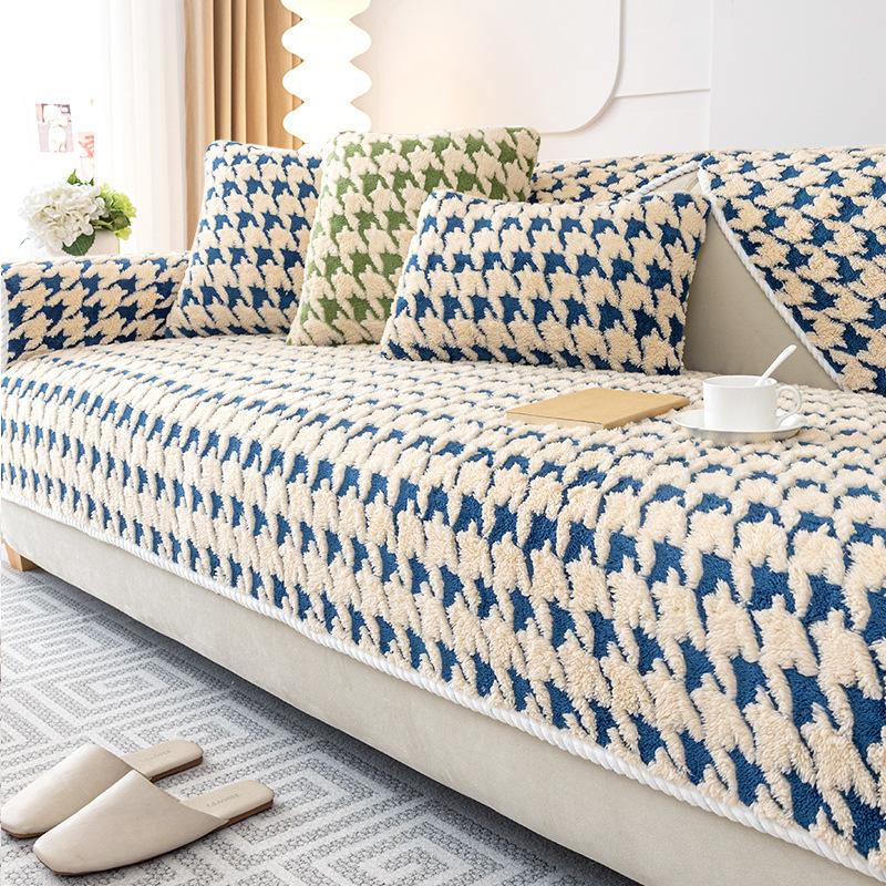 New Lamb Velvet Houndstooth Sofa Cushion Winter Thickened Plush Cushion Non-slip Sofa Cover Cover Cloth