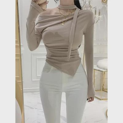 In-Stock Korean Off-Shoulder Ruched Long Sleeve Slim Fit Tie-Up Top for Women