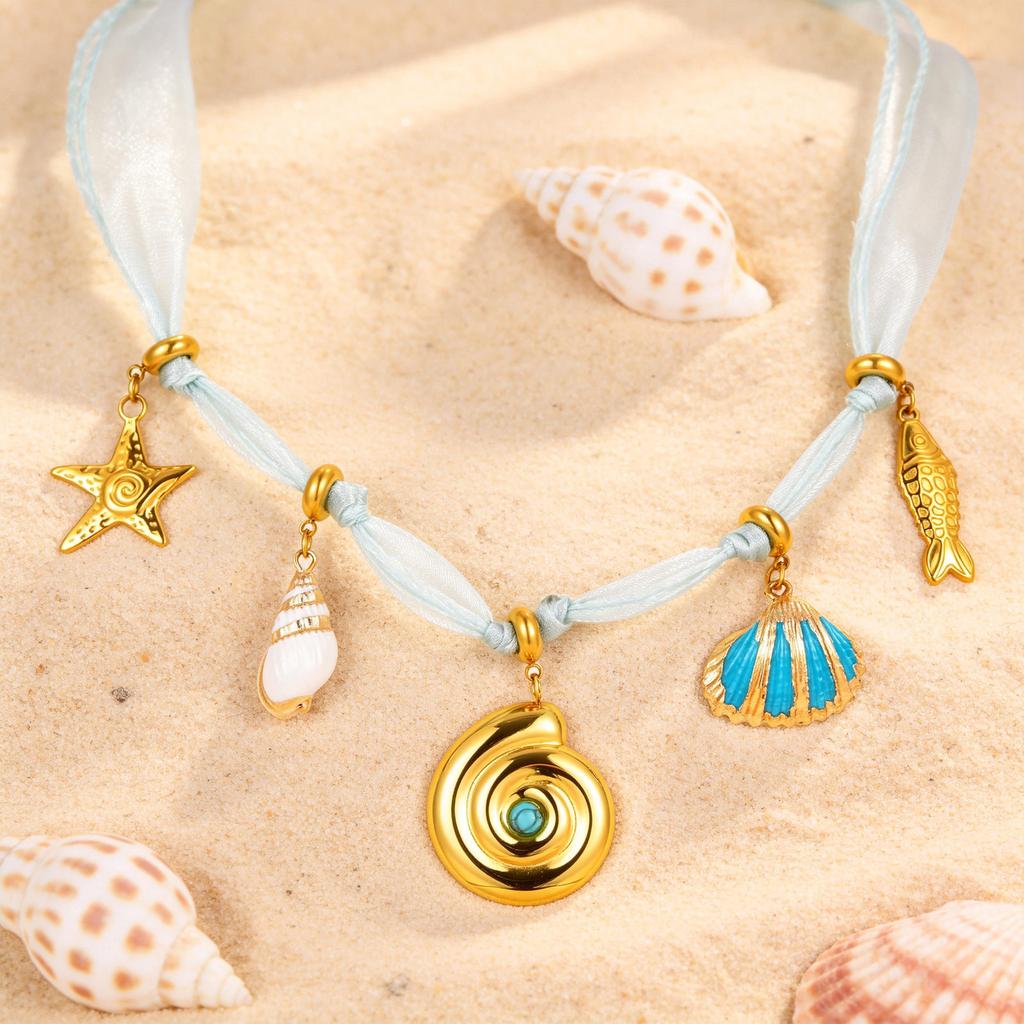 Fashion Bohemian Vacation Ocean Element Pendant Green Ribbon Necklace Women'S Stainless Steel 2653