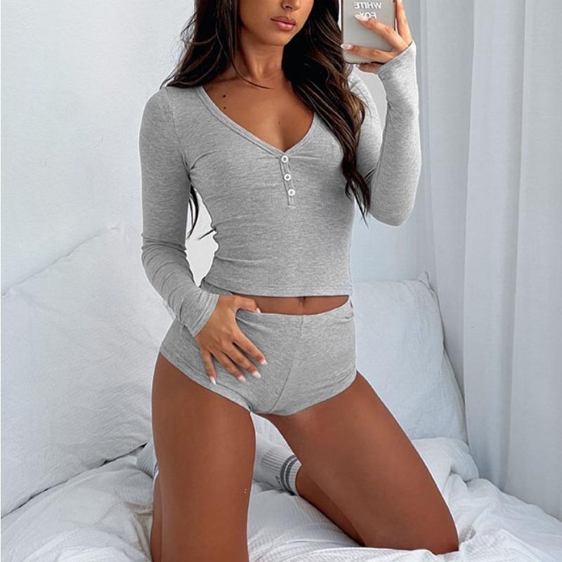 2-teiliges Pyjama-Set für Damen, figurbetonte Shorts + langärmliges V-Ausschnitt-Button-Down-Top, sexy Y2K-Set, Loungewear
