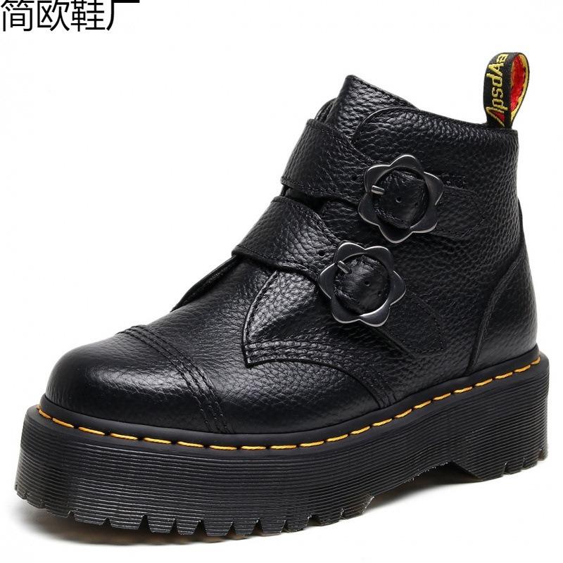 Locomotive Boots Women's Head Layer Lychee Pattern Leather Short Boots Fashion Boots Muffin Flower Buckle Thick Bottom British